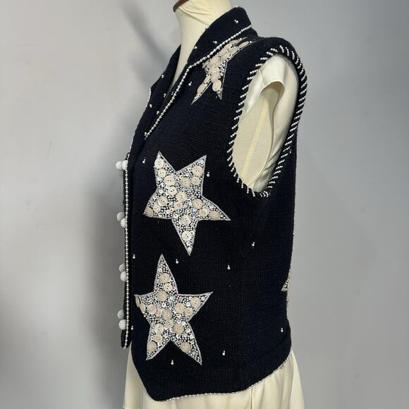VTG 90s Bellepointe Holiday Sweater Vest Small Christmas Knit Cardigan Stars Top - Picture 5 of 10